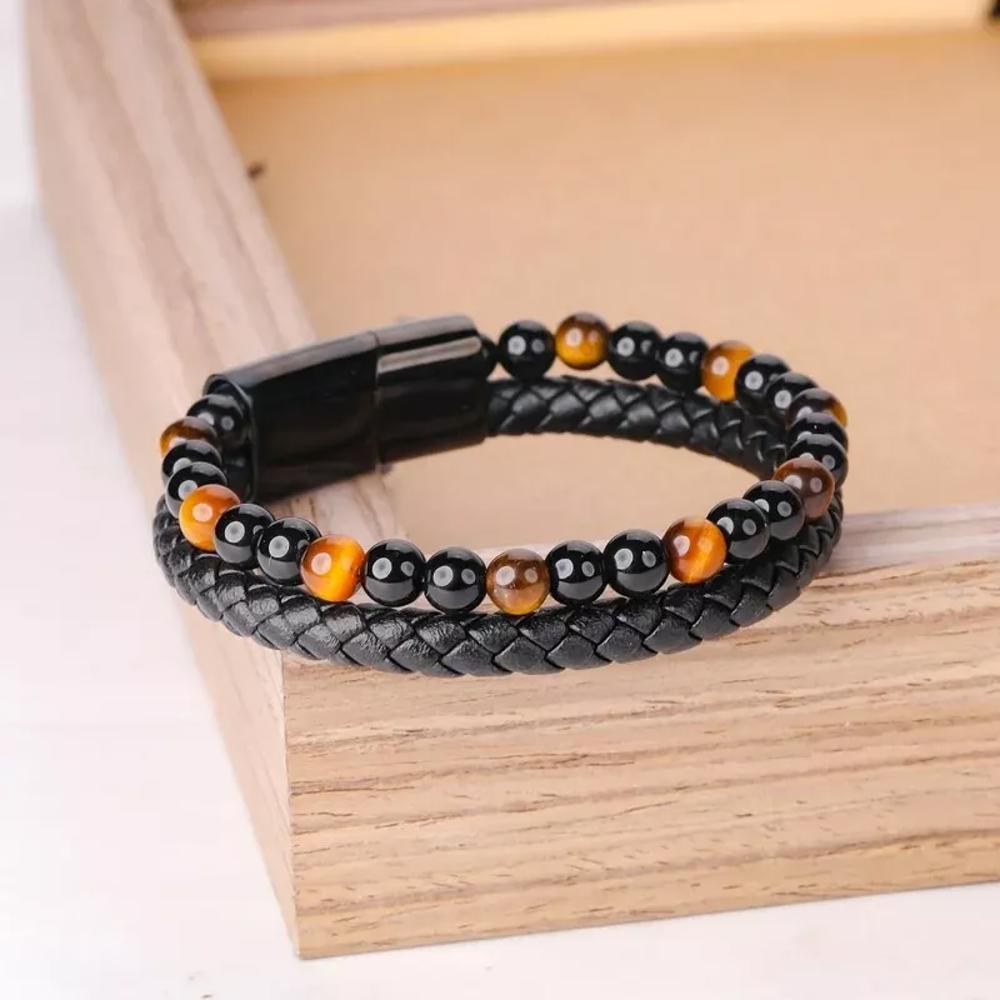 Triple Protection Tiger eye Onyx Obsidian Beads Leather Men's Healing Bracelet 8 inches