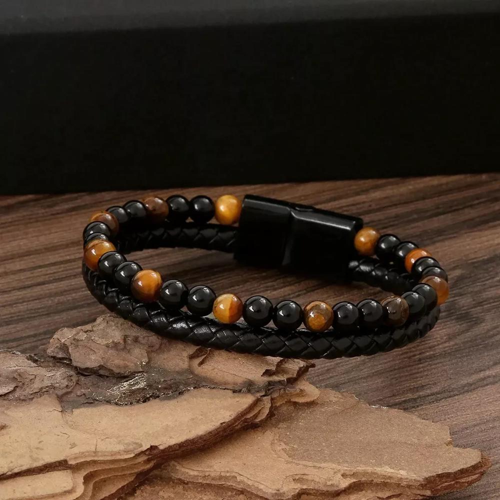 Triple Protection Tiger eye Onyx Obsidian Beads Leather Men's Healing Bracelet 8 inches