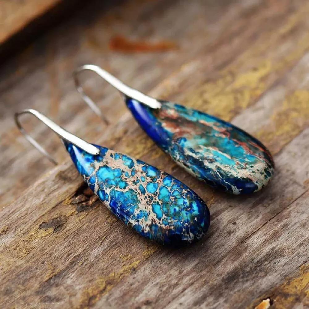 Natural Blue Sea Sediment Jasper Teardrop Dangle Earrings Blue Gemstone Earrings