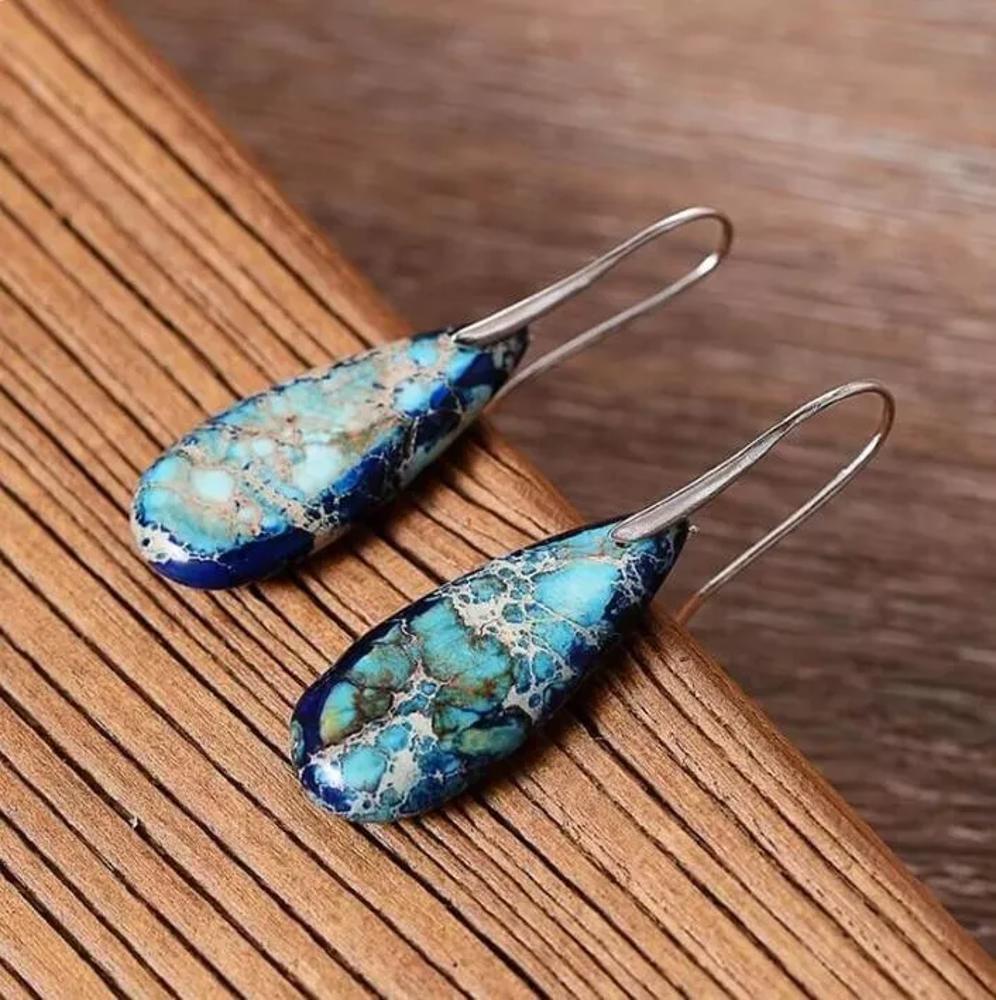 Natural Blue Sea Sediment Jasper Teardrop Dangle Earrings Blue Gemstone Earrings