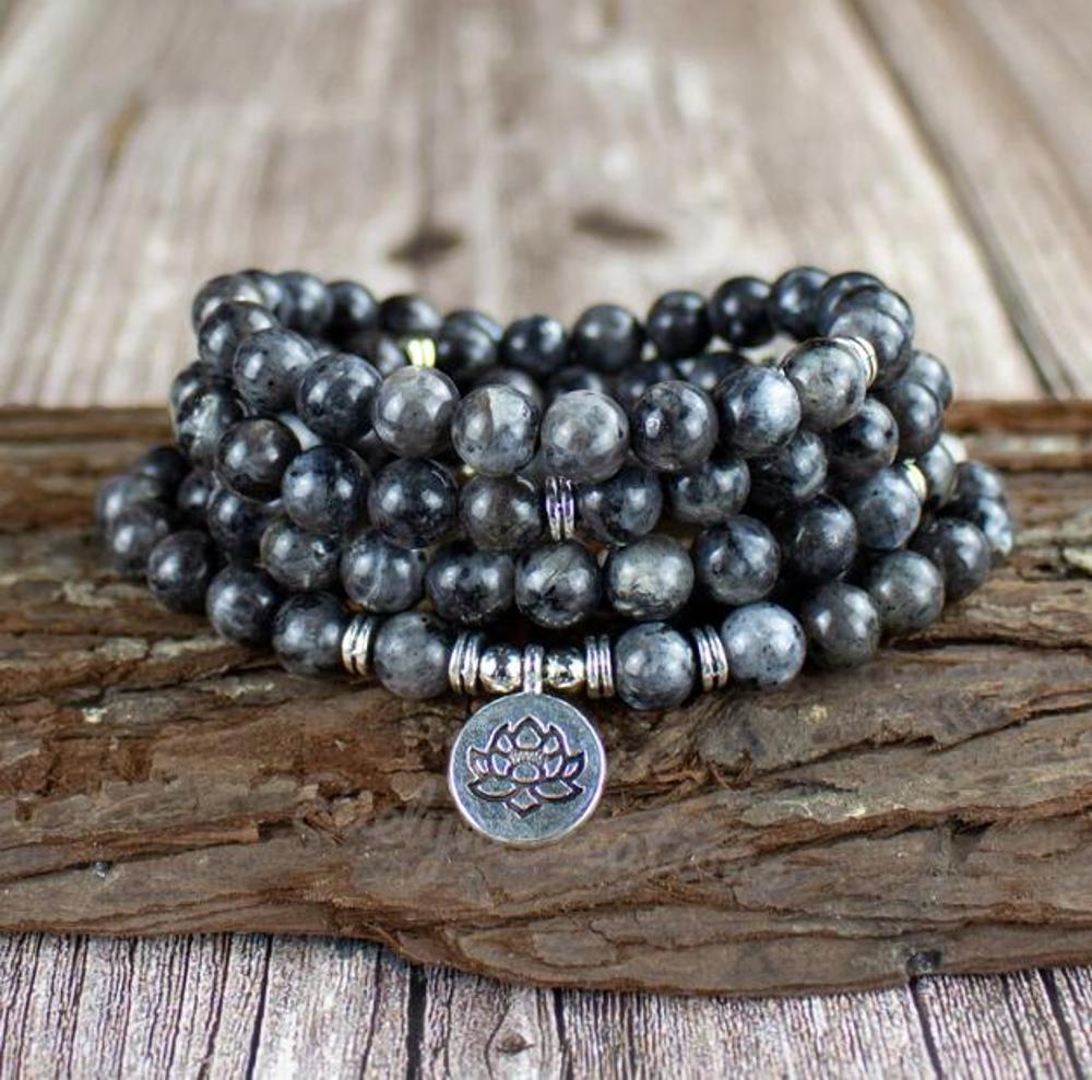 Black Labradorite Stone 108 Beads Mala Prayer Necklace Bracelet