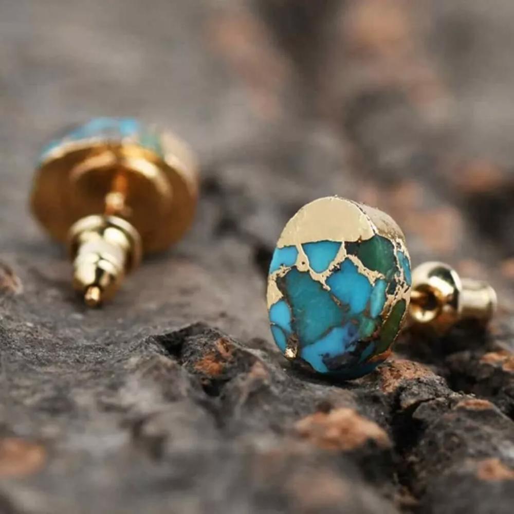 Natural Turquoise Stone Stud Earrings Blue Gemstone Post Earring Handmade