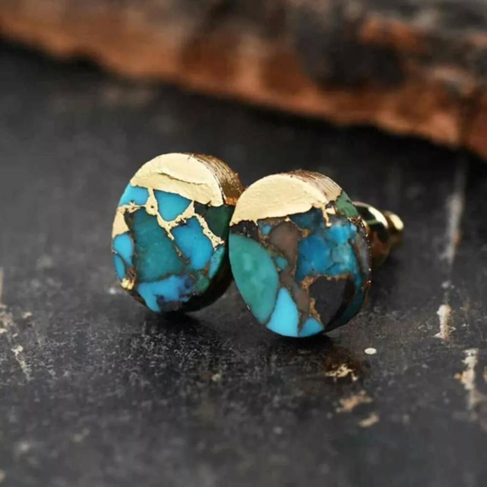 Natural Turquoise Stone Stud Earrings Blue Gemstone Post Earring Handmade