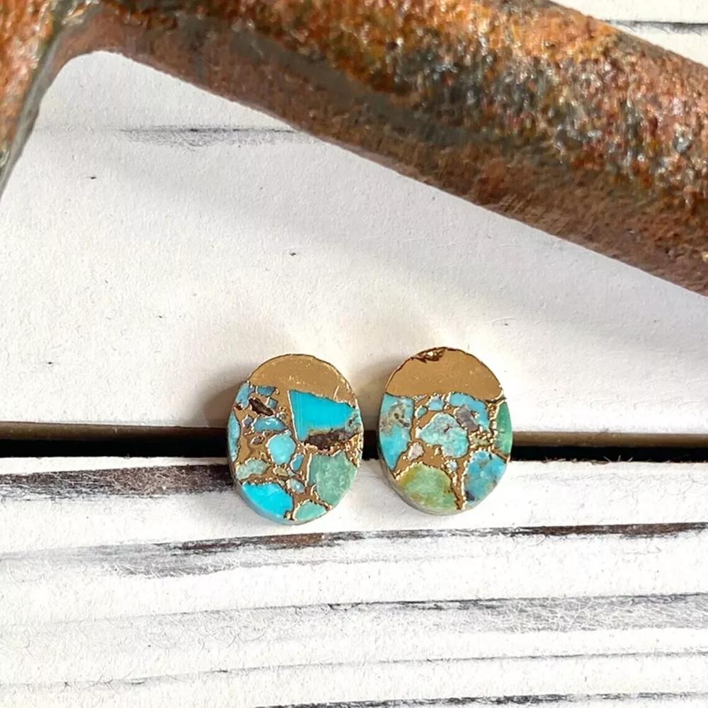 Natural Turquoise Stone Stud Earrings Blue Gemstone Post Earring Handmade