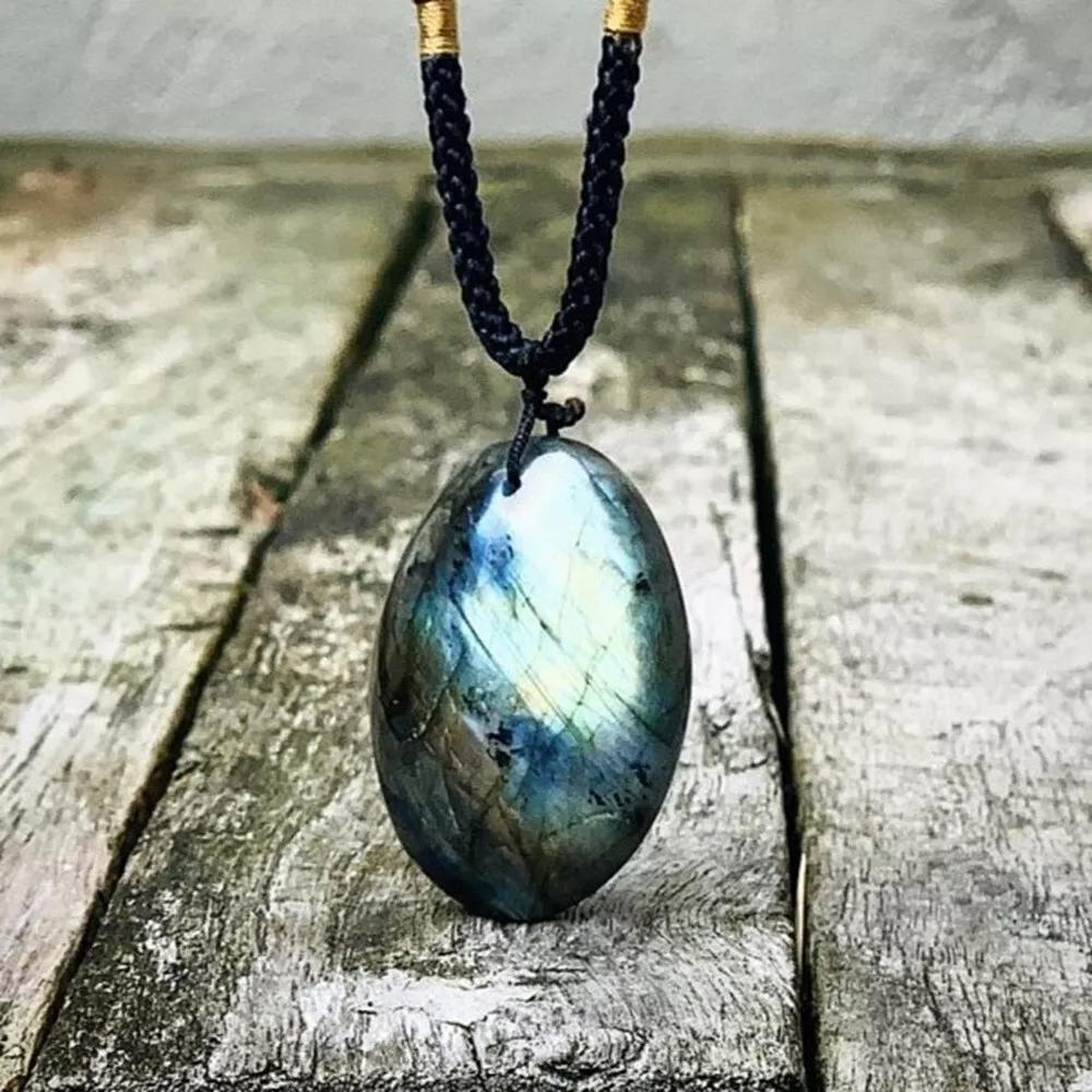 Natural Labradorite Stone Pendant Tumbled Gemstone Crystal Charm Necklace