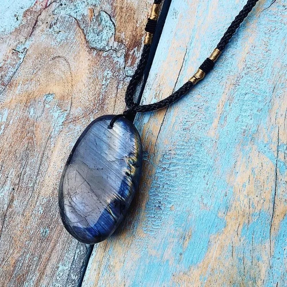 Natural Labradorite Stone Pendant Tumbled Gemstone Crystal Charm Necklace