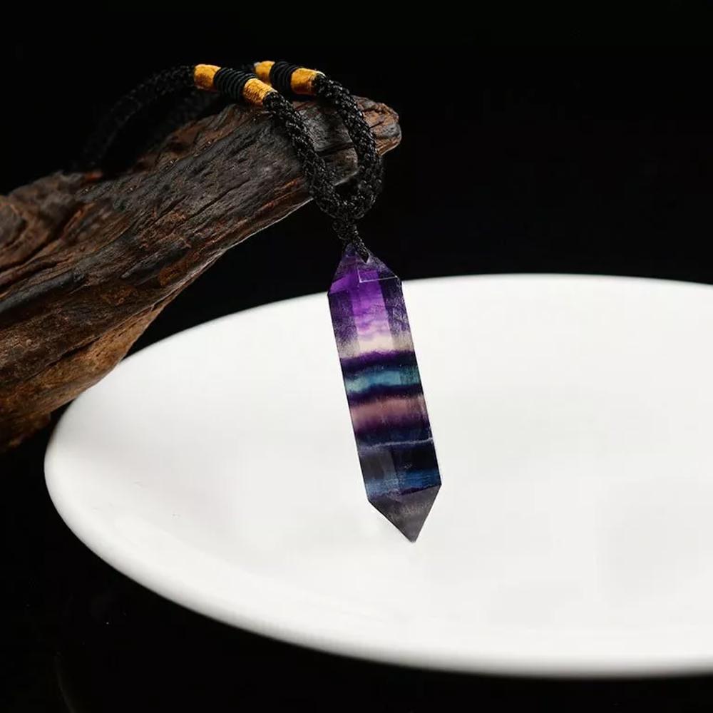 Natural Crystal Point Pendant Talisman Rainbow Fluorite Healing Necklace Amulet