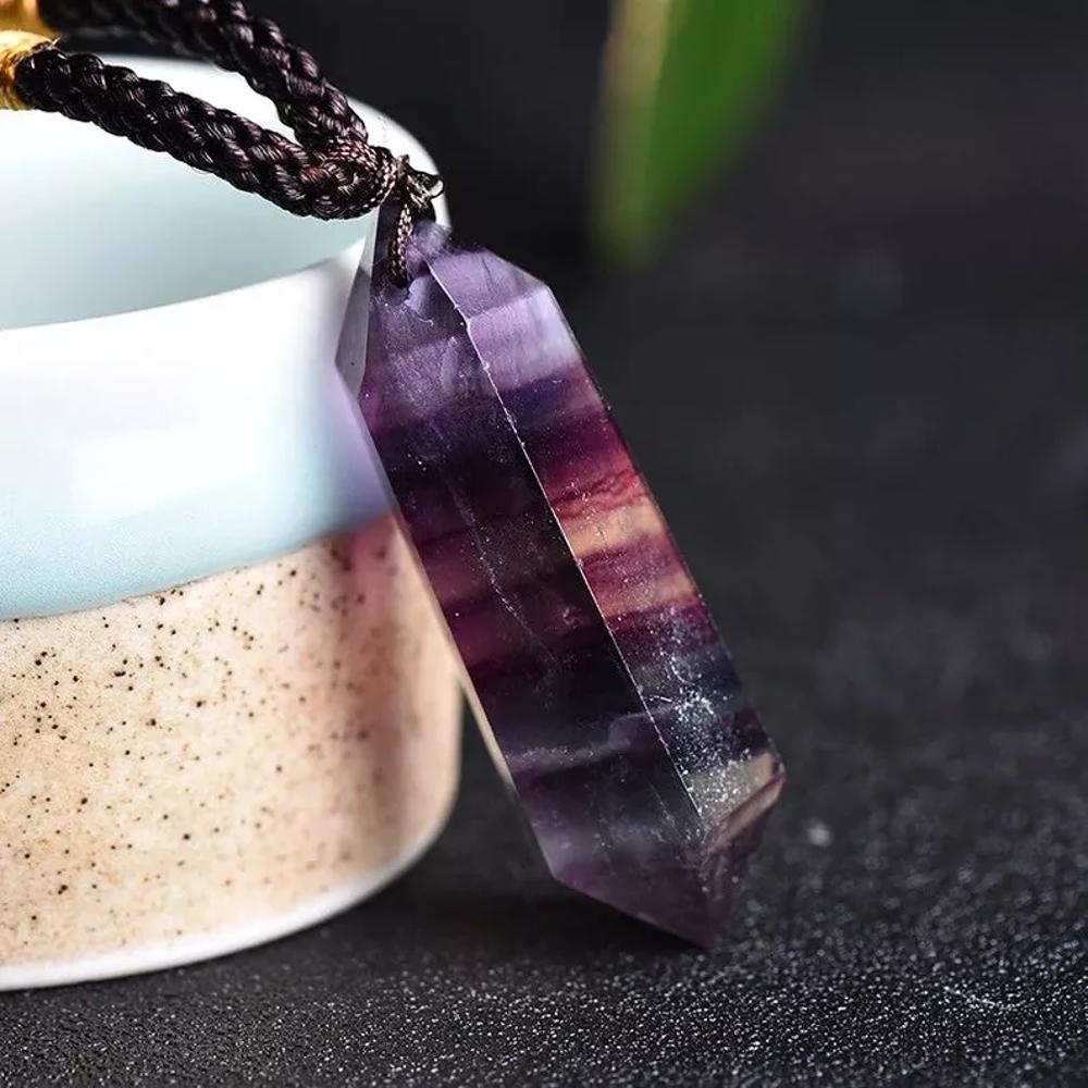 Natural Crystal Point Pendant Talisman Rainbow Fluorite Healing Necklace Amulet