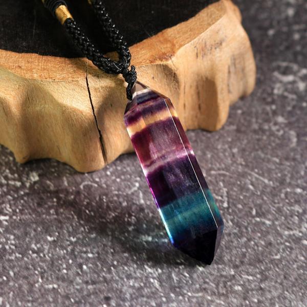 Natural Crystal Point Pendant Talisman Rainbow Fluorite Healing Necklace Amulet