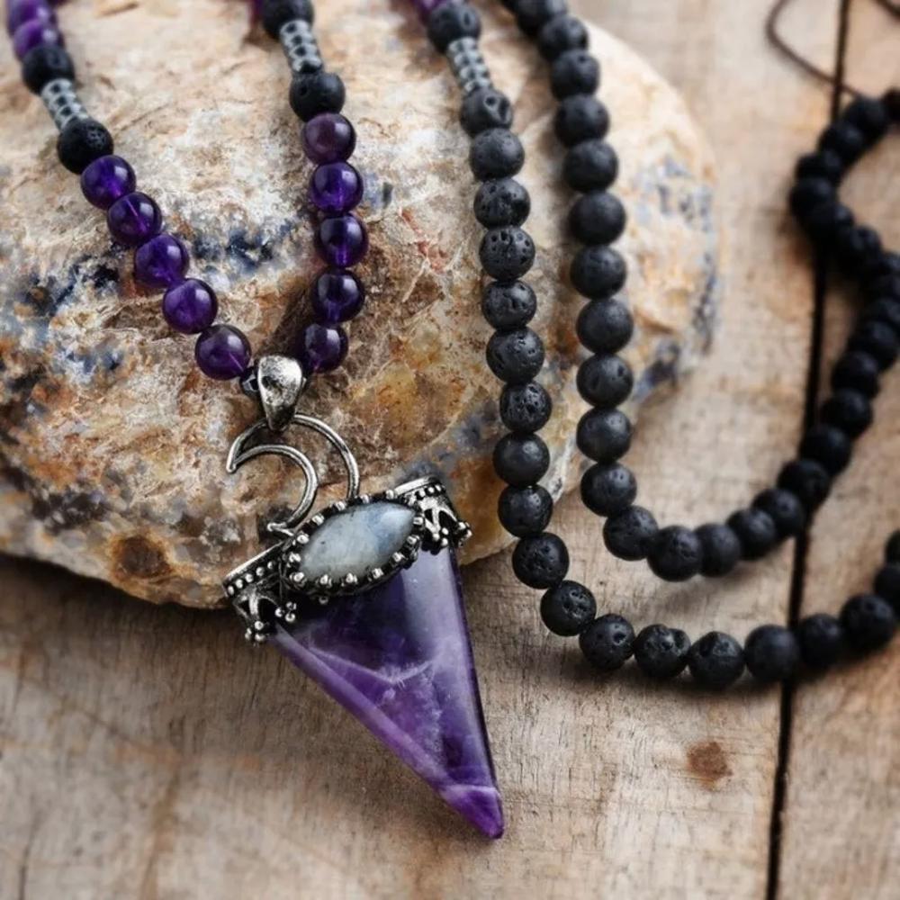 Amethyst Lava Mala Beads Healing Meditation Reiki Points Unisex Pendant Necklace