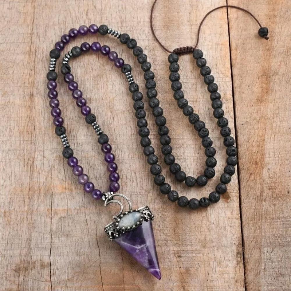 Amethyst Lava Mala Beads Healing Meditation Reiki Points Unisex Pendant Necklace