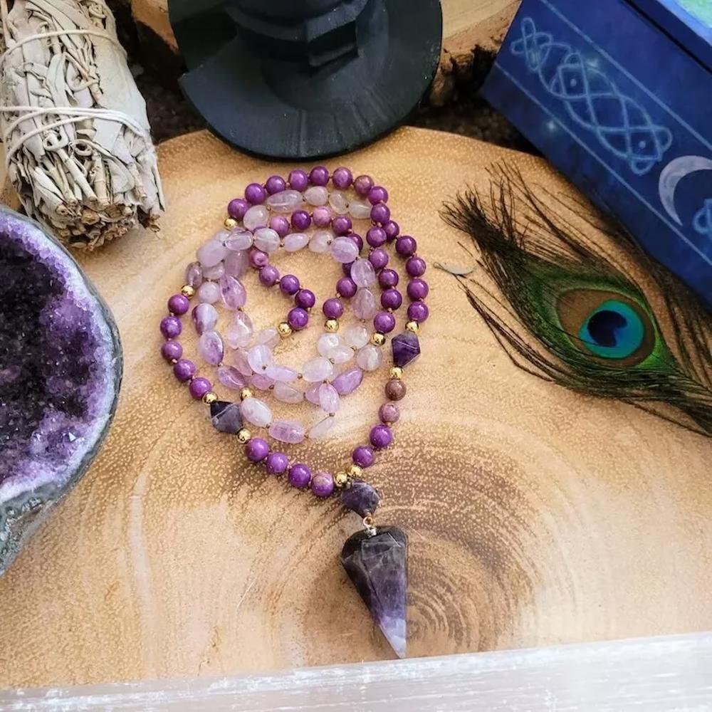 Amethyst Mala Bead Healing Meditation Protection Calming Pendant Necklace Gifts