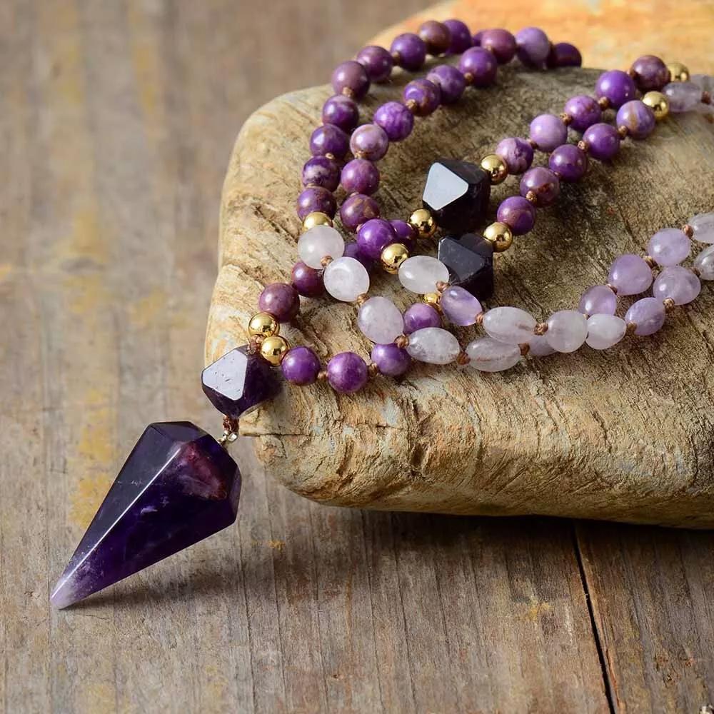 Amethyst Mala Bead Healing Meditation Protection Calming Pendant Necklace Gifts