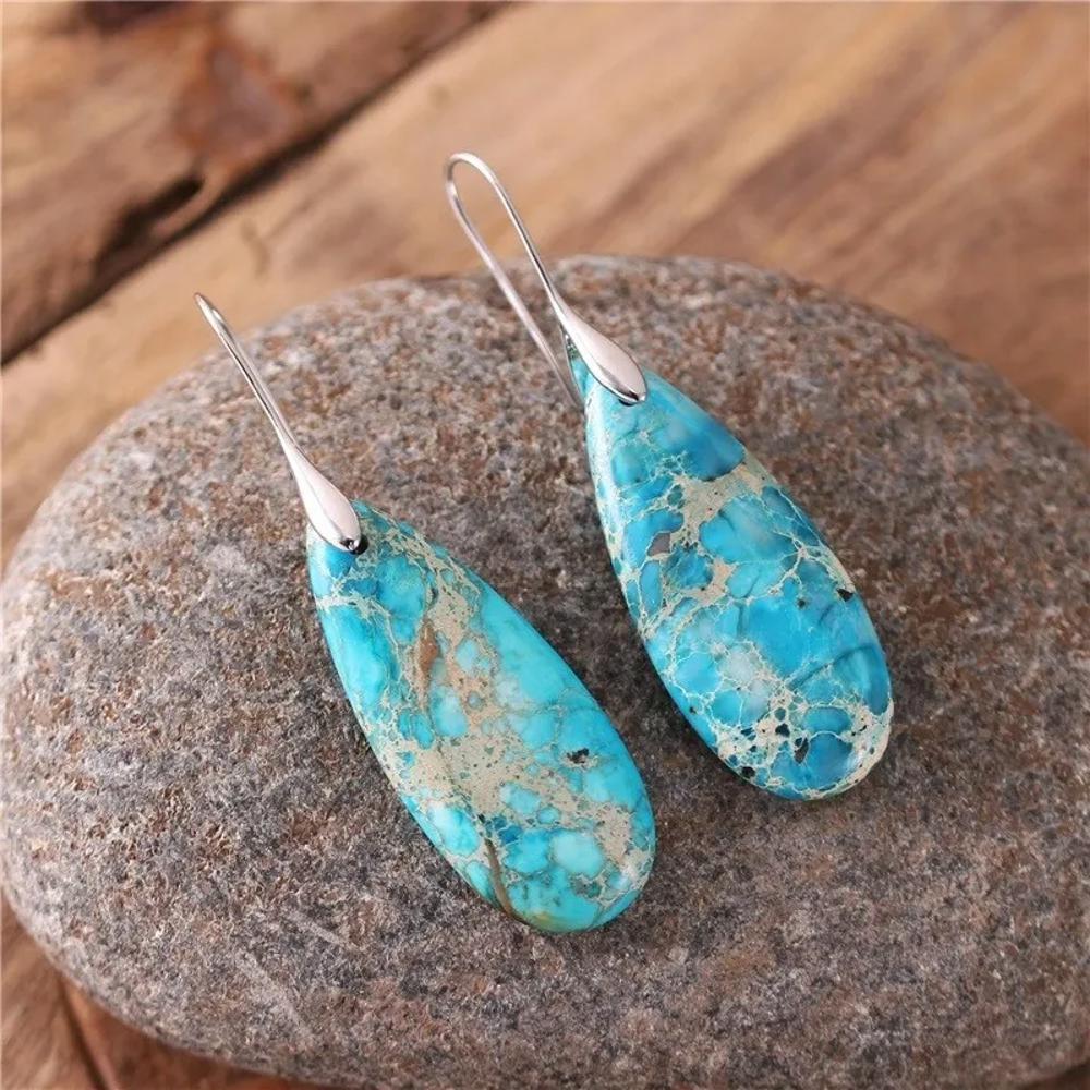 Natural Blue Stone Teardrop Dangle Earrings Blue Gemstone Drop Earrings Boho