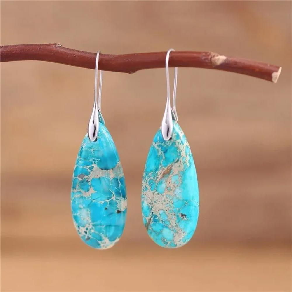 Natural Blue Stone Teardrop Dangle Earrings Blue Gemstone Drop Earrings Boho