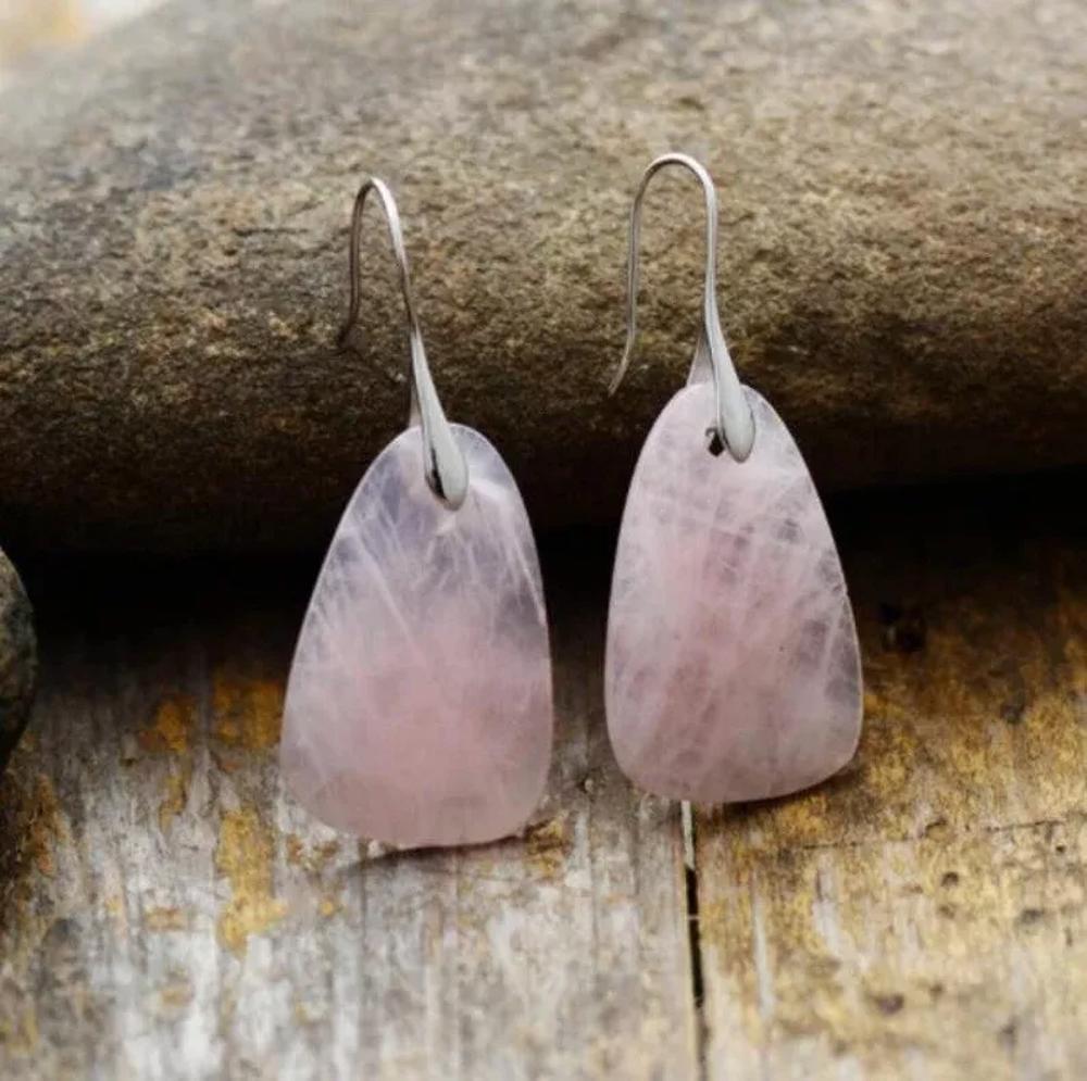 Natural Rose Quartz Crystal Teardrop Dangle Earrings for Love Trust Handmade