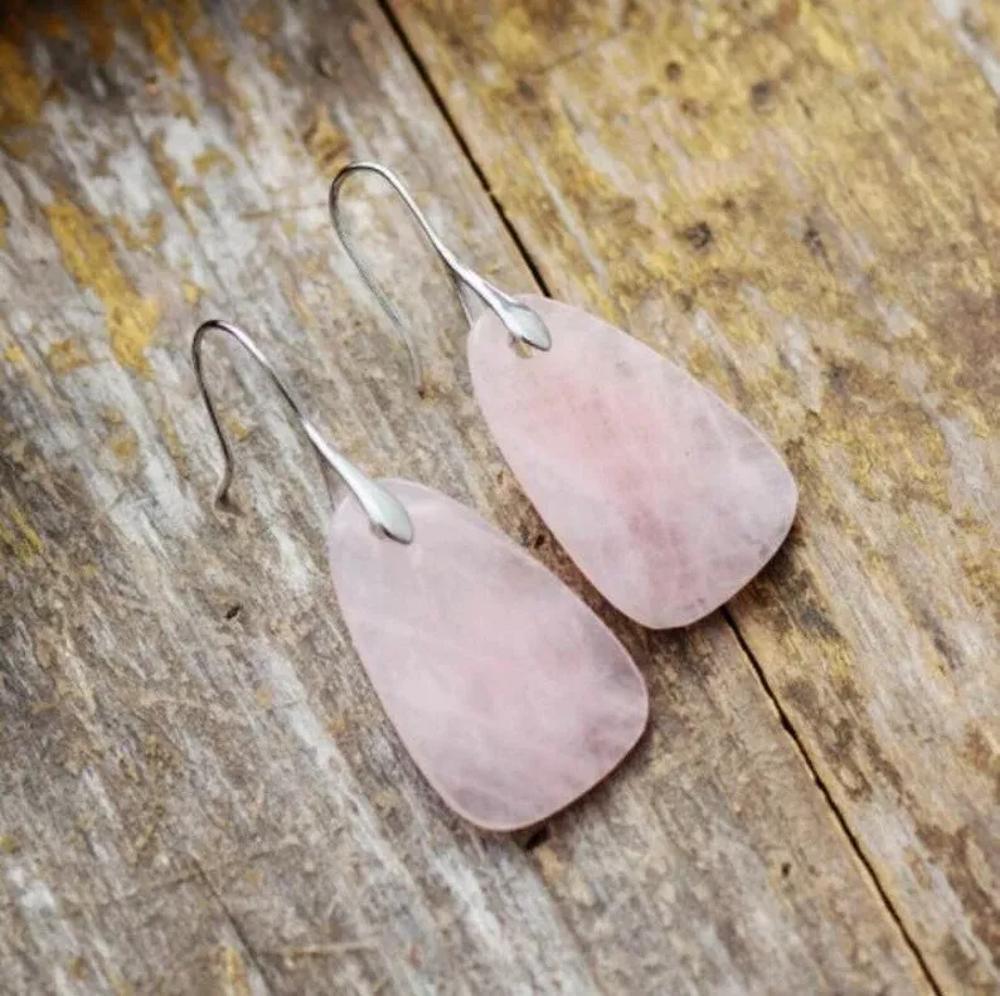 Natural Rose Quartz Crystal Teardrop Dangle Earrings for Love Trust Handmade