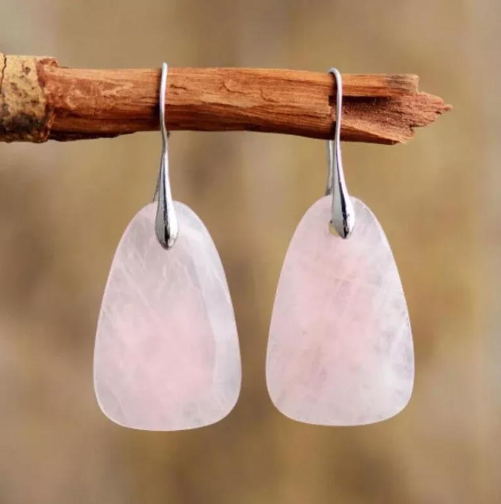 Natural Rose Quartz Crystal Teardrop Dangle Earrings for Love Trust Handmade