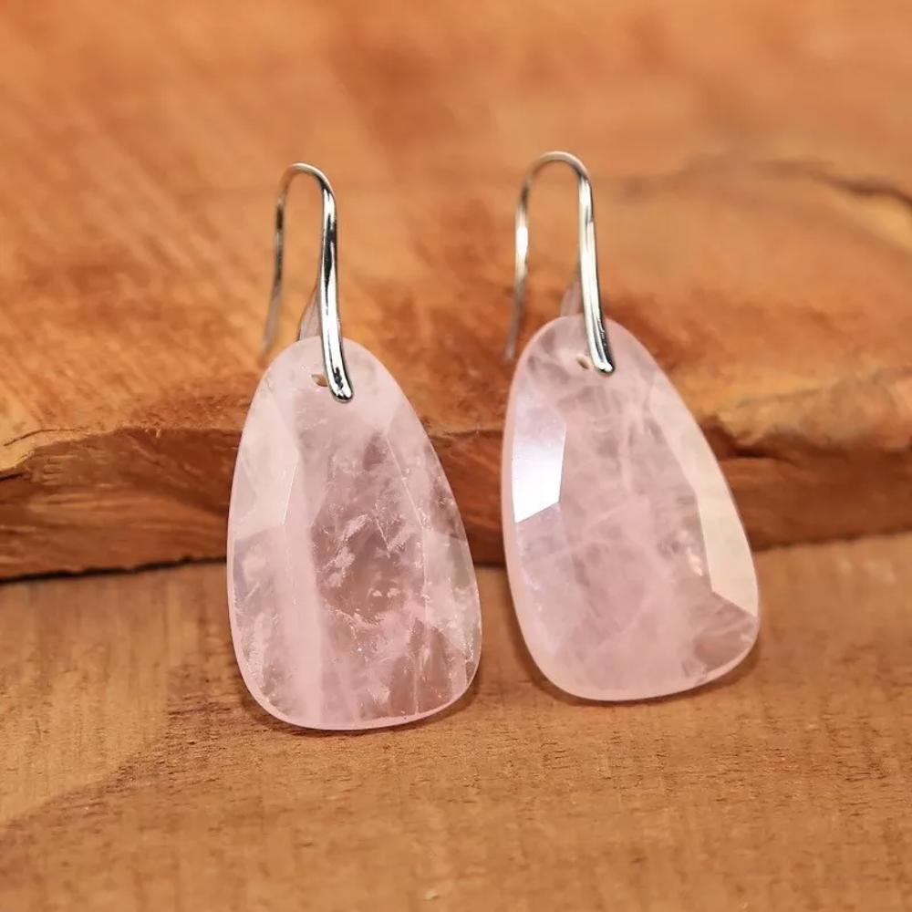 Natural Rose Quartz Crystal Teardrop Dangle Earrings for Love Trust Handmade