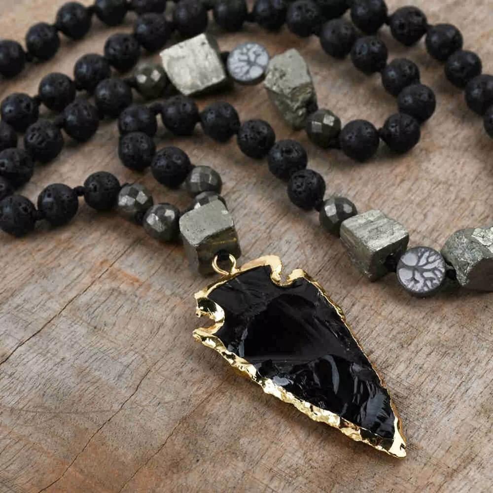 Lava Obsidian Beads Healing Strength Protection Arrowhead Men Necklace Talisman