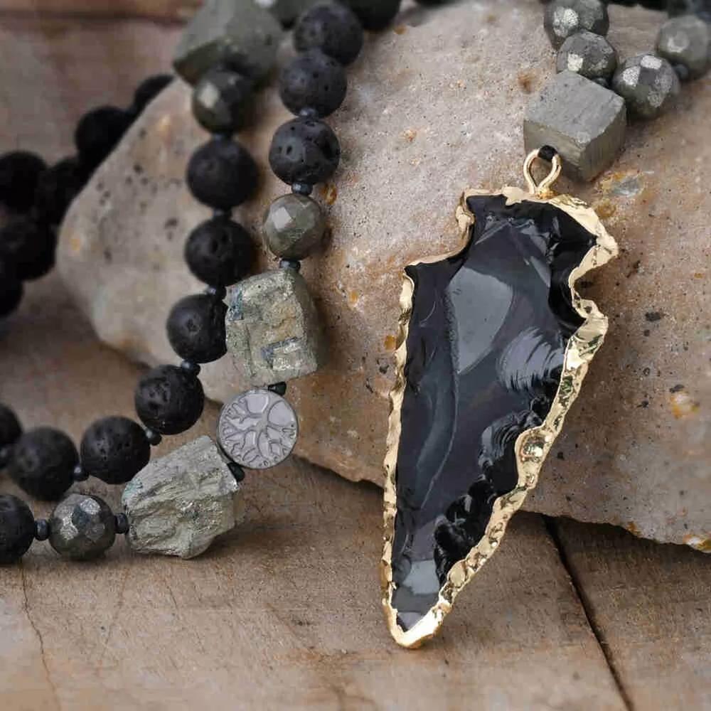 Lava Obsidian Beads Healing Strength Protection Arrowhead Men Necklace Talisman