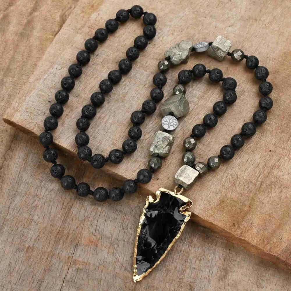 Lava Obsidian Beads Healing Strength Protection Arrowhead Men Necklace Talisman