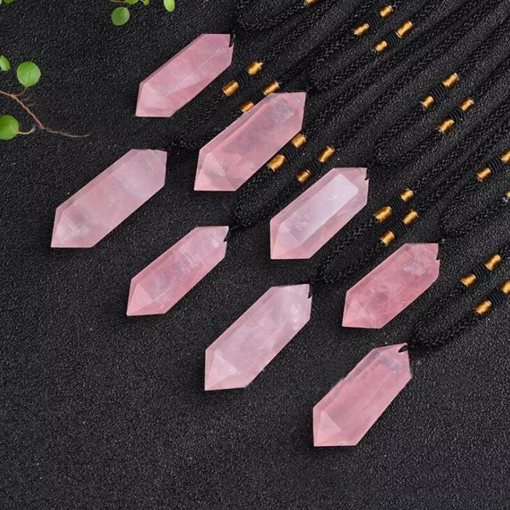 Rose Quartz Crystal Hexagonal Point Pendant Healing Reiki Balance Necklace Gifts (1 piece)