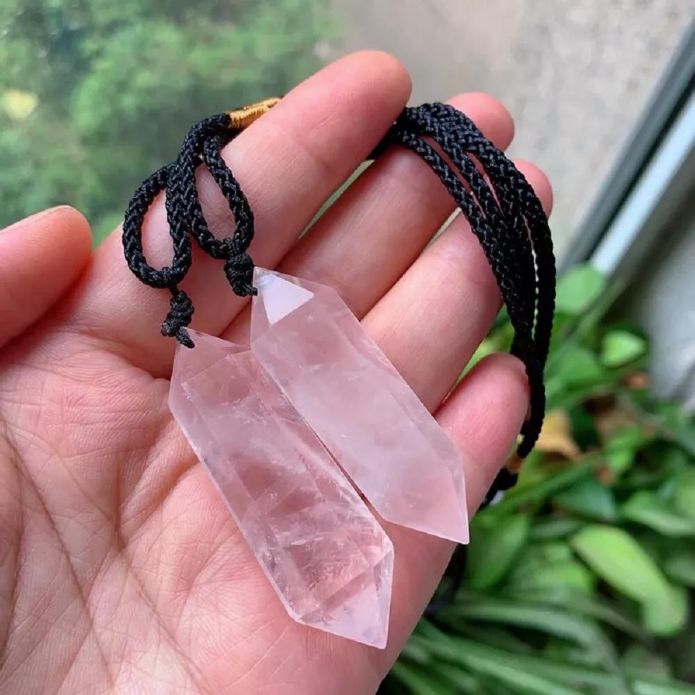 Rose Quartz Crystal Hexagonal Point Pendant Healing Reiki Balance Necklace Gifts (1 piece)