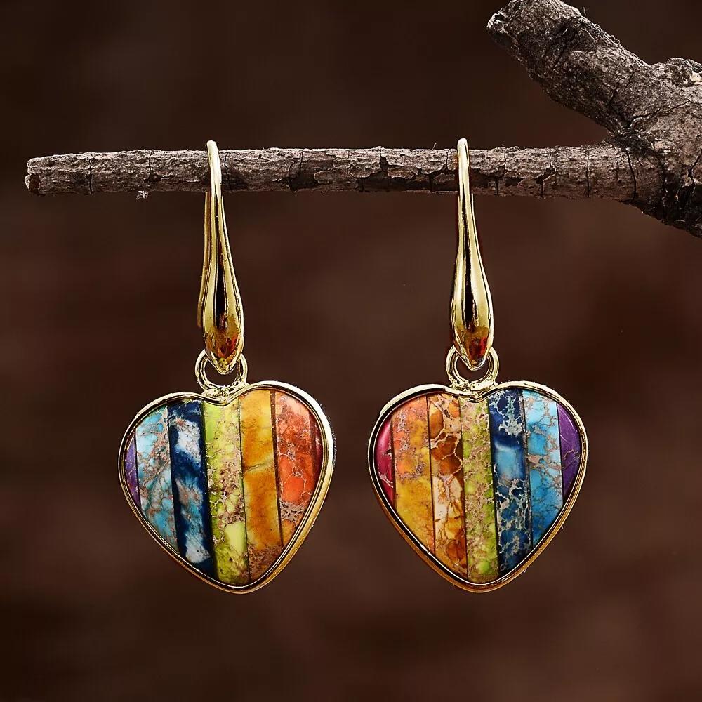 Natural Jasper Stone Heart Dangle Earrings 7 Chakra Healing Stone Dangle Earring