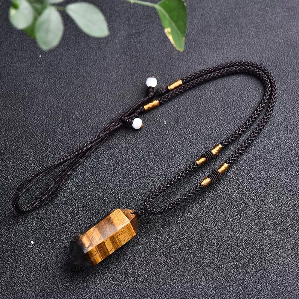 Natural Tiger Eye Hexagonal Point Pendant Healing Relief Amulet Unisex Necklace