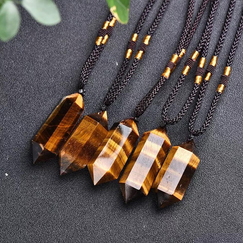 Natural Tiger Eye Hexagonal Point Pendant Healing Relief Amulet Unisex Necklace