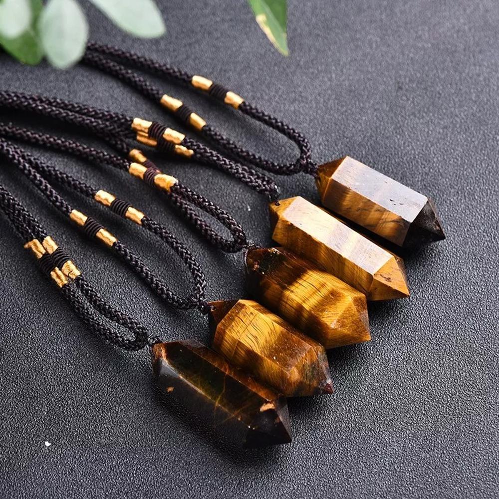 Natural Tiger Eye Hexagonal Point Pendant Healing Relief Amulet Unisex Necklace