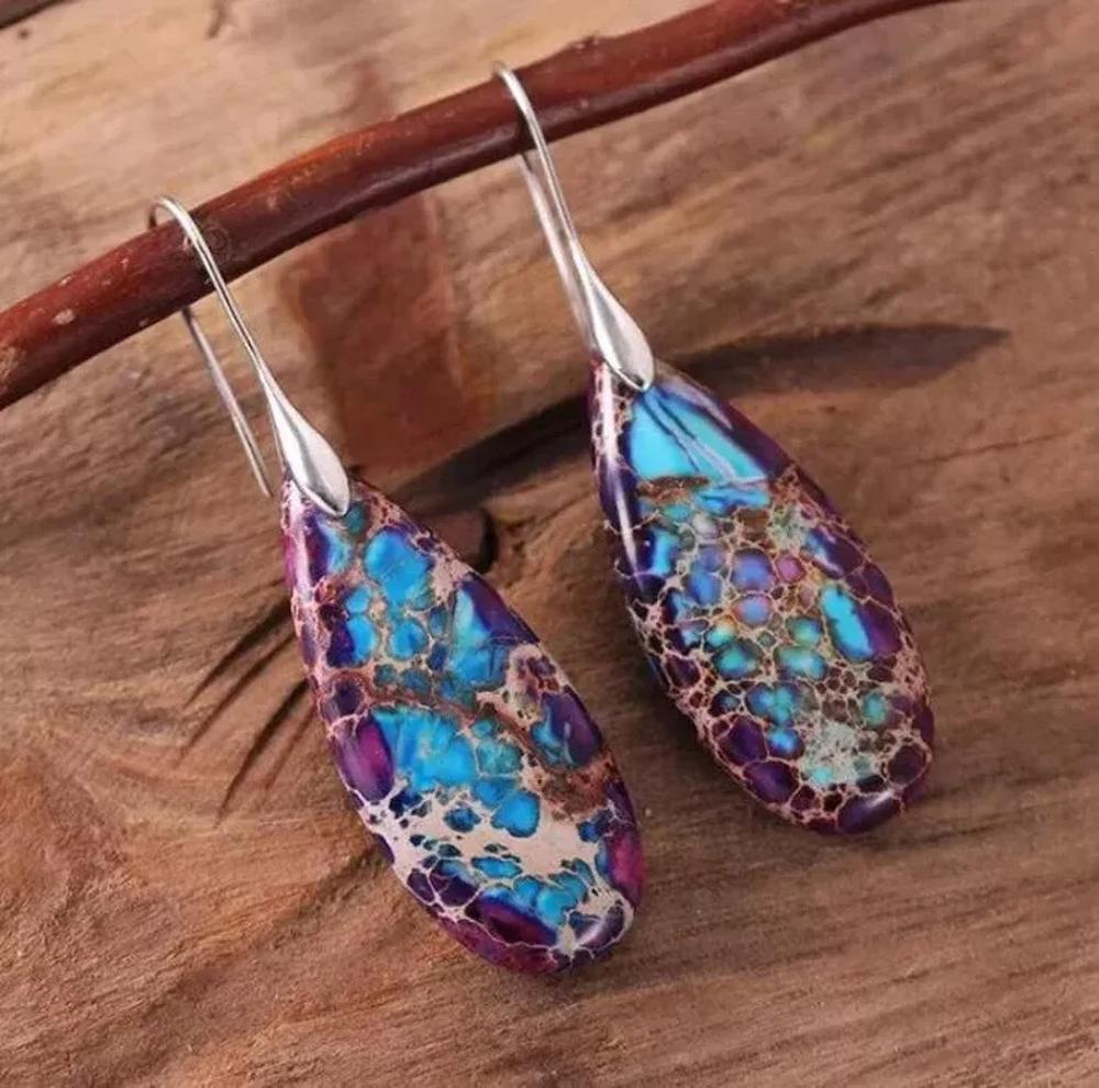 Natural Imperial Jasper Stone Teardrop Dangle Earrings Silver Hook Drop Earrings Purple