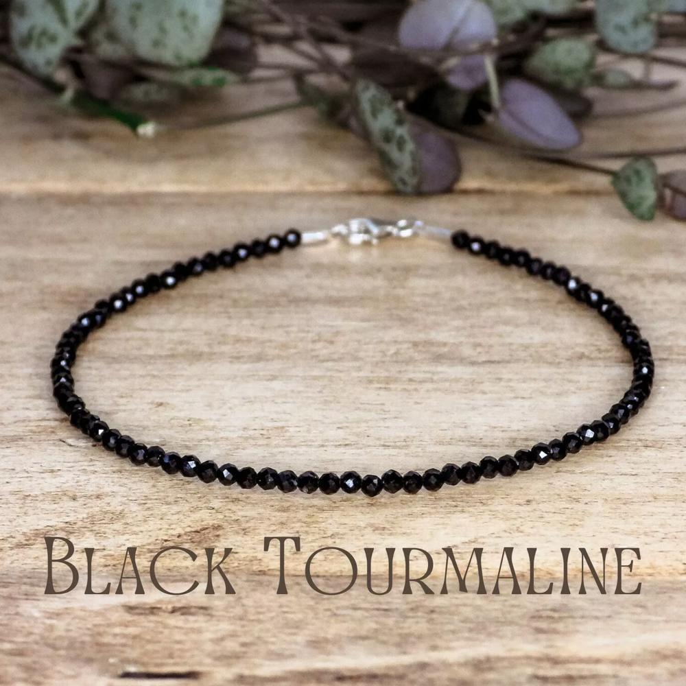 Black Tourmaline Beaded Anklet Black Stone Beads Dainty Anklet Crystal Anklet