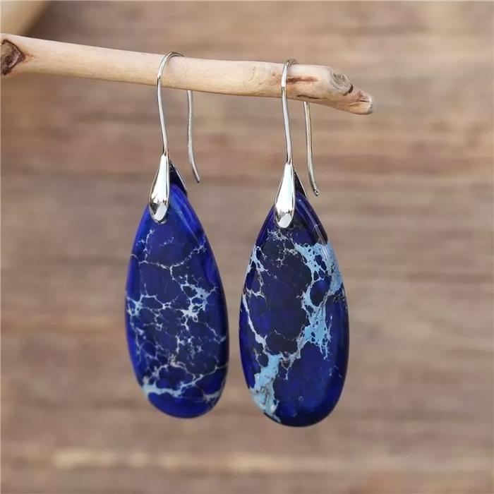 Natural Blue Imperial Jasper Stone Teardrop Dangle Earring Gemstone Drop Earring