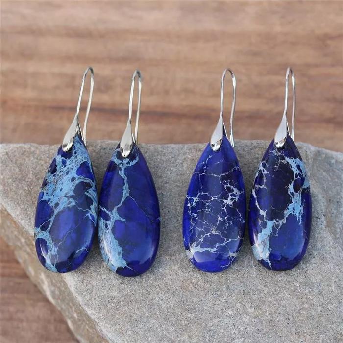 Natural Blue Imperial Jasper Stone Teardrop Dangle Earring Gemstone Drop Earring