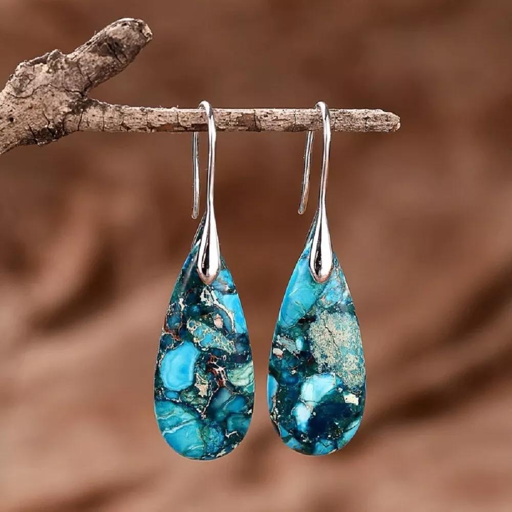 Natural Gemstones Teardrop Dangle Earrings Protection Handmade