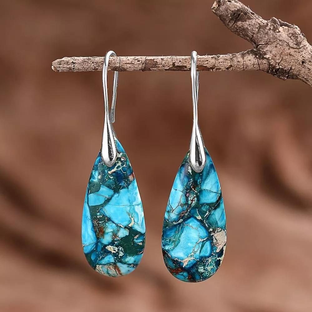 Natural Gemstones Teardrop Dangle Earrings Protection Handmade