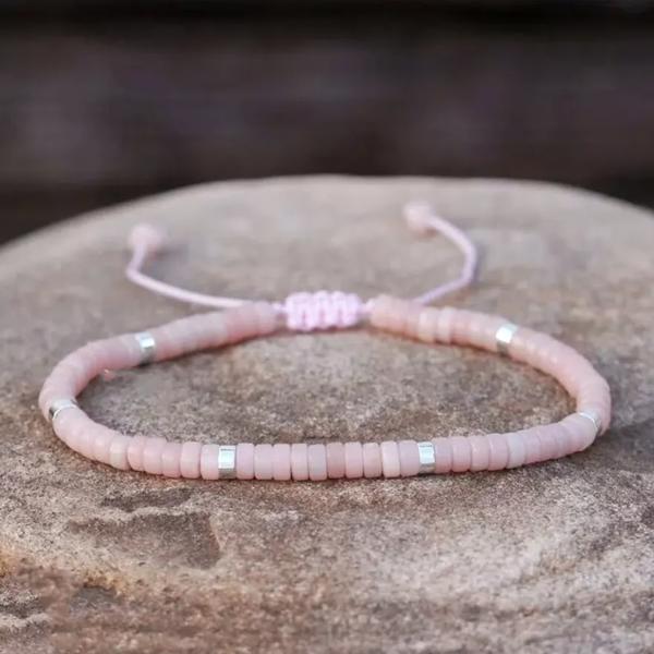 Natural Pink Opal Tibetan Beaded Dainty Healing Crystal Bohemian Luck Bracelet