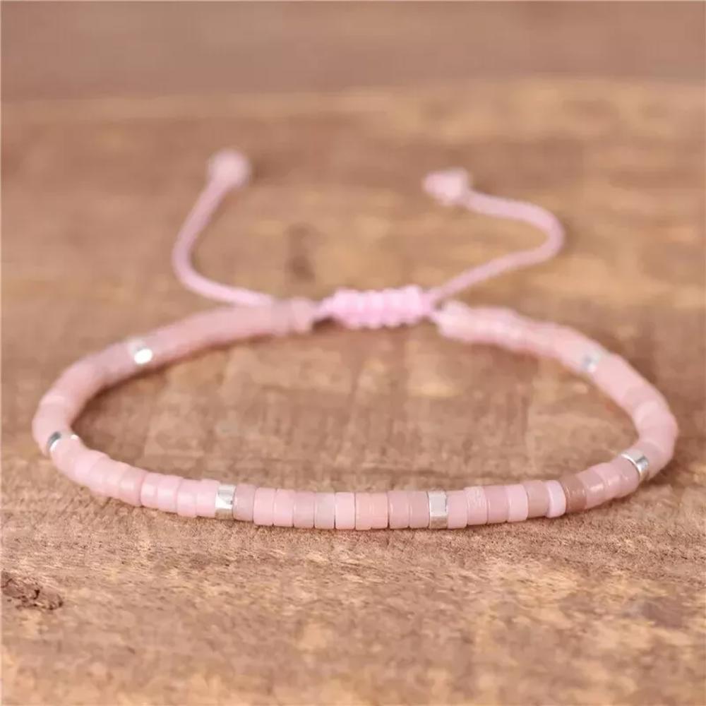 Natural Pink Opal Tibetan Beaded Dainty Healing Crystal Bohemian Luck Bracelet