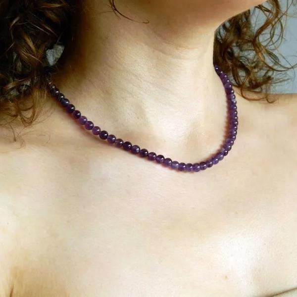 Natural Amethyst Beaded Necklace Purple Stone Choker Healing Crystal Necklace