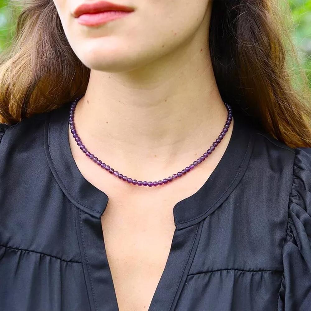 Natural Amethyst Beaded Necklace Purple Stone Choker Healing Crystal Necklace