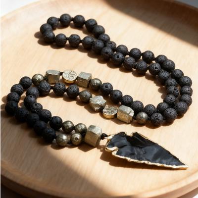 Natural Lava Rock Volcano Stone Beaded Necklace Obsidian Arrow Charm Necklace