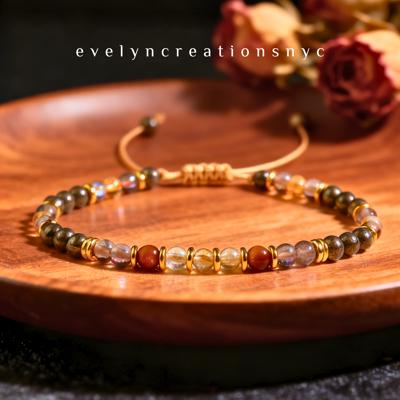 Handmade Natural Citrine Smoky Quartz Tiger Eye Pyrite Gemstone Beads Adjustable Bracelet Gift