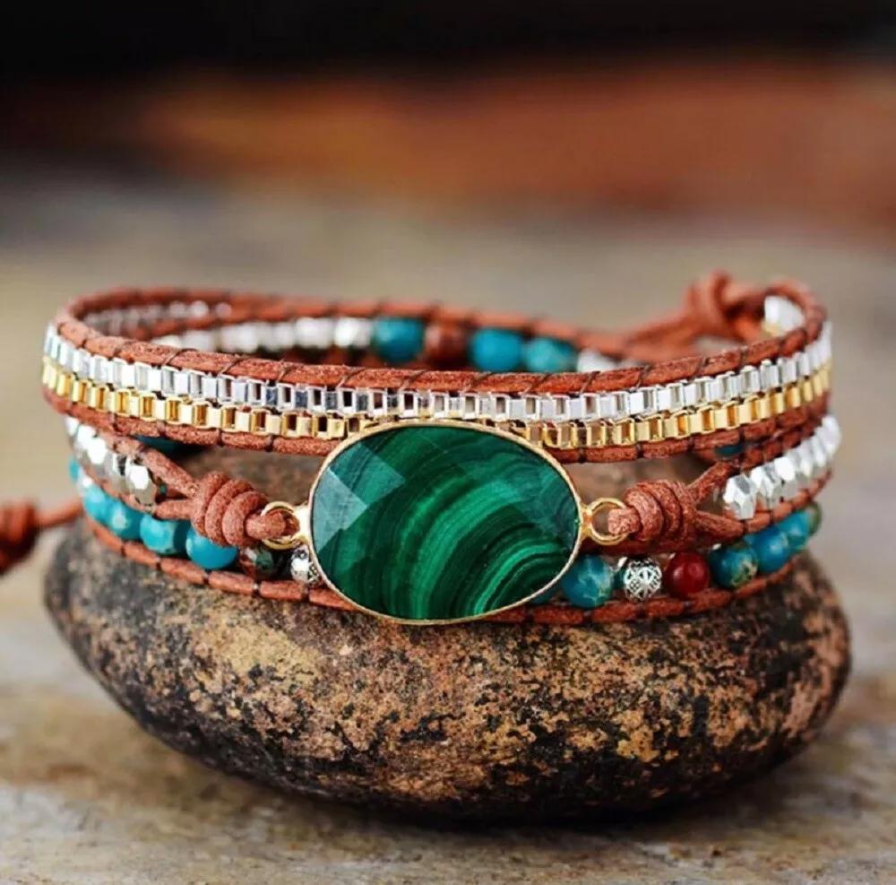 Natural Malachite Leather Wrap Bracelet Natural Stone Beaded Cuff Bracelets