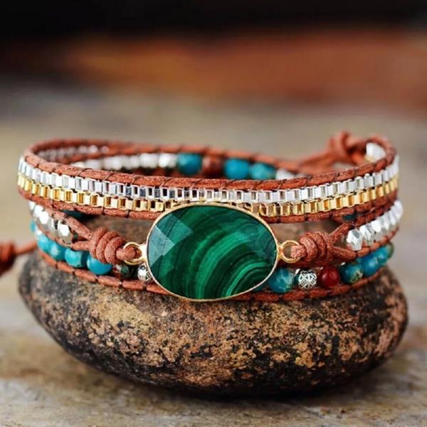 Natural Malachite Leather Wrap Bracelet Natural Stone Beaded Cuff Bracelets