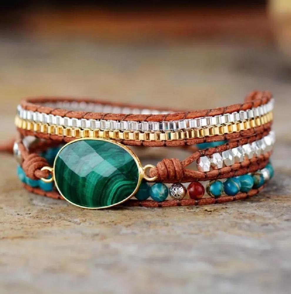 Natural Malachite Leather Wrap Bracelet Natural Stone Beaded Cuff Bracelets