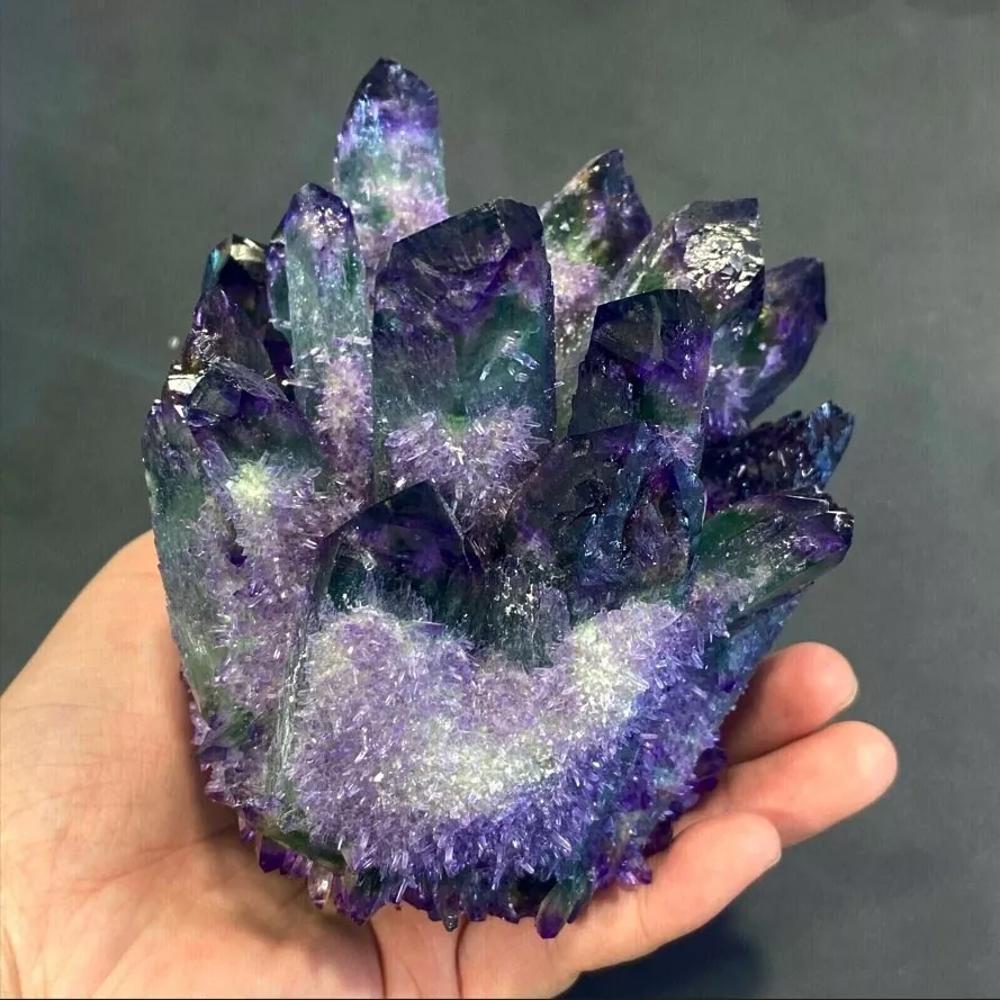 310g+ Dark Purple Green Phantom Cluster Titanium Geode Quartz Crystal Ornaments