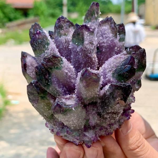 310g+ Dark Purple Green Phantom Cluster Titanium Geode Quartz Crystal Ornaments