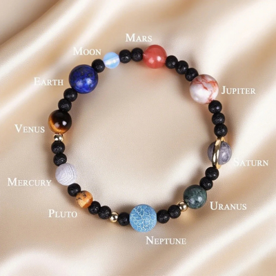 Vintage Planets Astronomical Bracelet with Natural Healing Stones for Women Girls